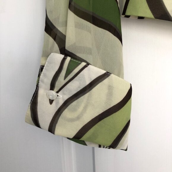 New York & Company Button Down Tie Waist Long-sleeve Green Paisley Blouse Small - Picture 5 of 12
